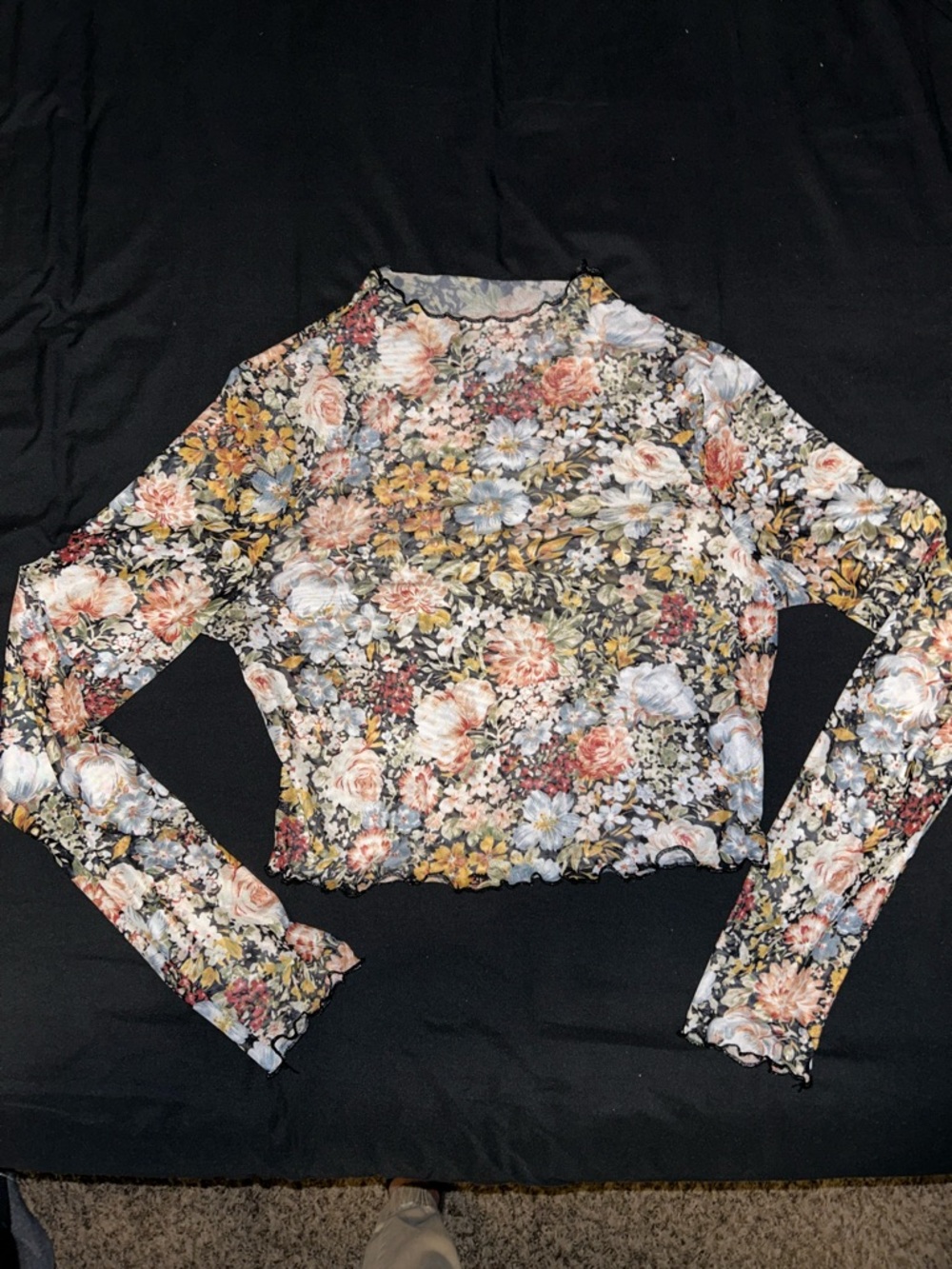 Floral Mesh Long-Sleeve Crop Top Mock Neck - Multi Color Small - Picture 3 of 6